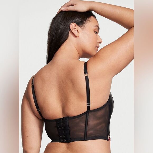 Victoria Secret Bra Longline Vegan Leather & Lace Love Embroidered Underwire 36C - Picture 4 of 6